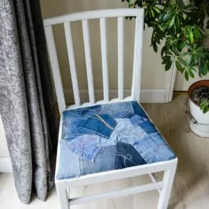 DIY Denim Chair, seat reupholstered in denim jeans